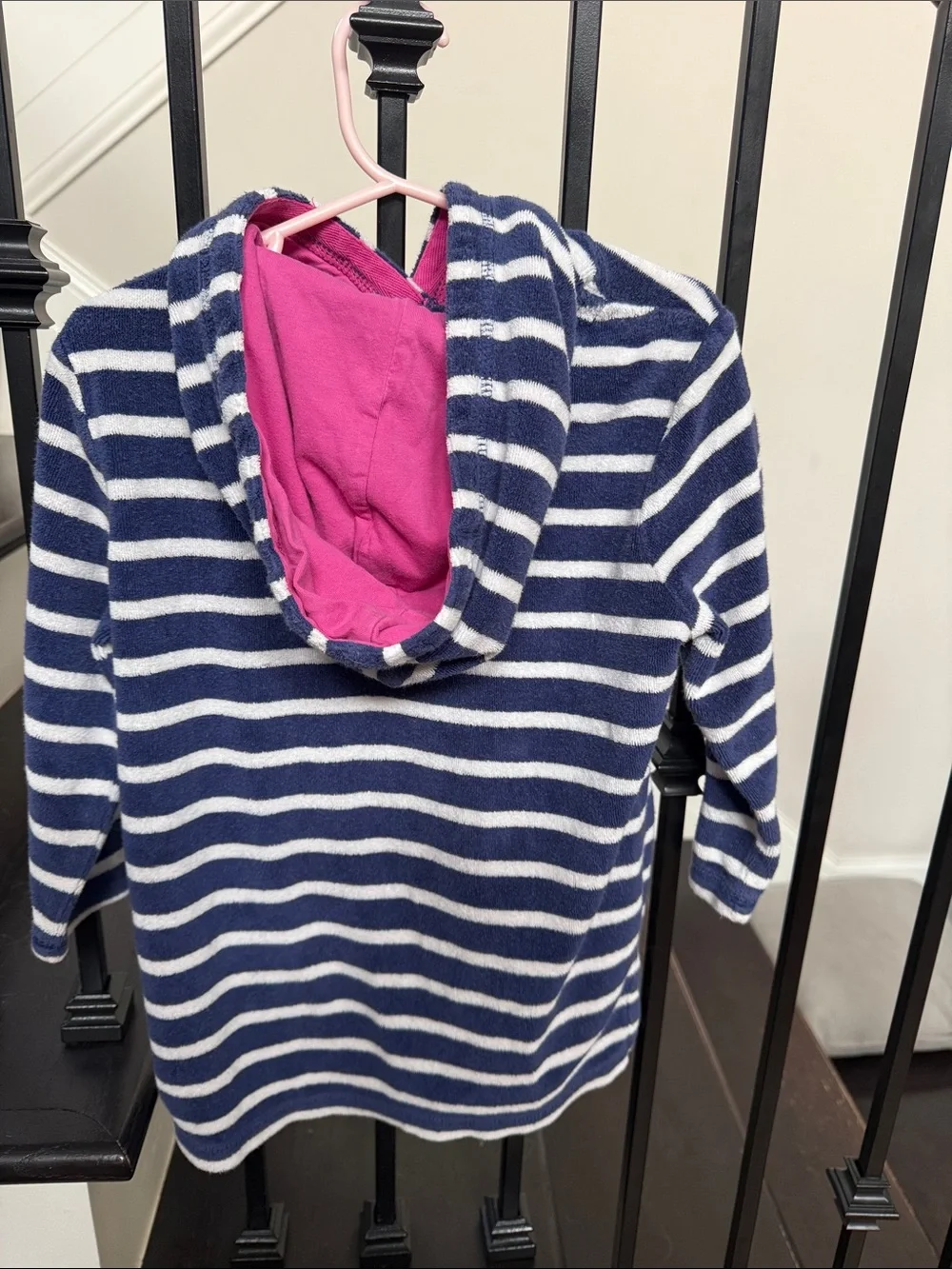Mini Boden Navy and White Striped Hooded Swim Coverup with Pink Flamingo